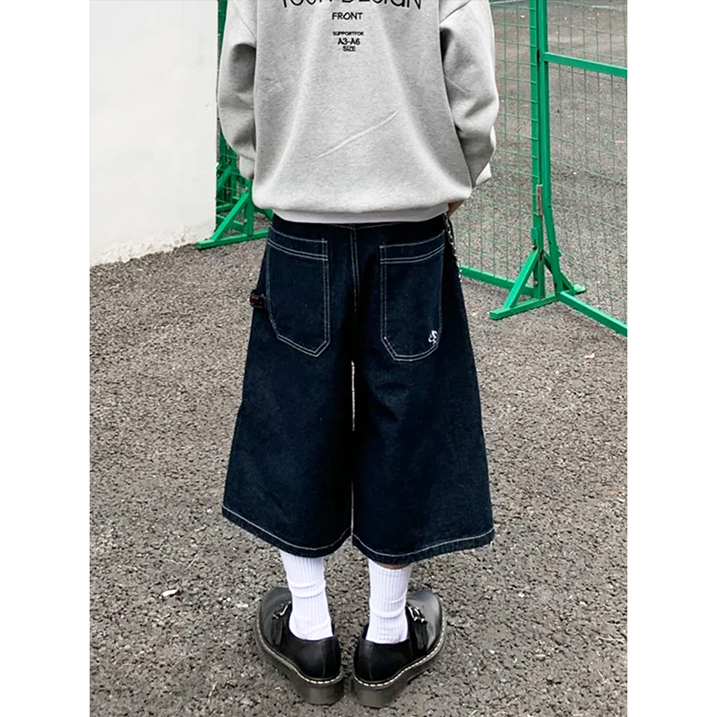 美式复古夏季原色七分牛仔短裤男女街头阔腿潮牌宽松百搭休闲裤子