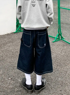 美式复古夏季原色七分牛仔短裤男女街头阔腿潮牌宽松百搭休闲裤子