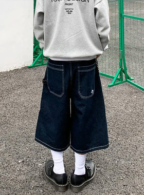 美式复古夏季原色七分牛仔短裤男女街头阔腿潮牌宽松百搭休闲裤子