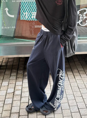 秋季魔都街头复古慵懒休闲裤男女宽松直筒刺绣设计感阔腿运动卫裤