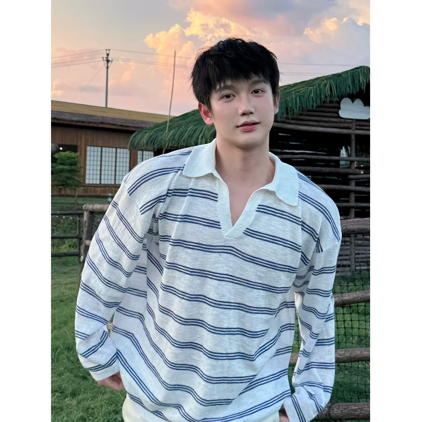 凉感轻薄透气长袖V领条纹运动针织薄款Polo衫男春夏季休闲上衣服