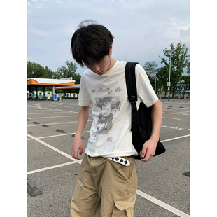 白色索罗娜正肩短袖t恤男夏季美式小众童子军印花宽松透气上衣潮