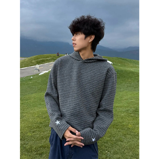 袖口五角星刺绣连帽黑灰条纹卫衣男女秋季复古慵懒少年感套头外套