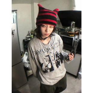 美式亚文化vintage印花假两件长袖T恤男女宽松痞帅亨利领打底上衣