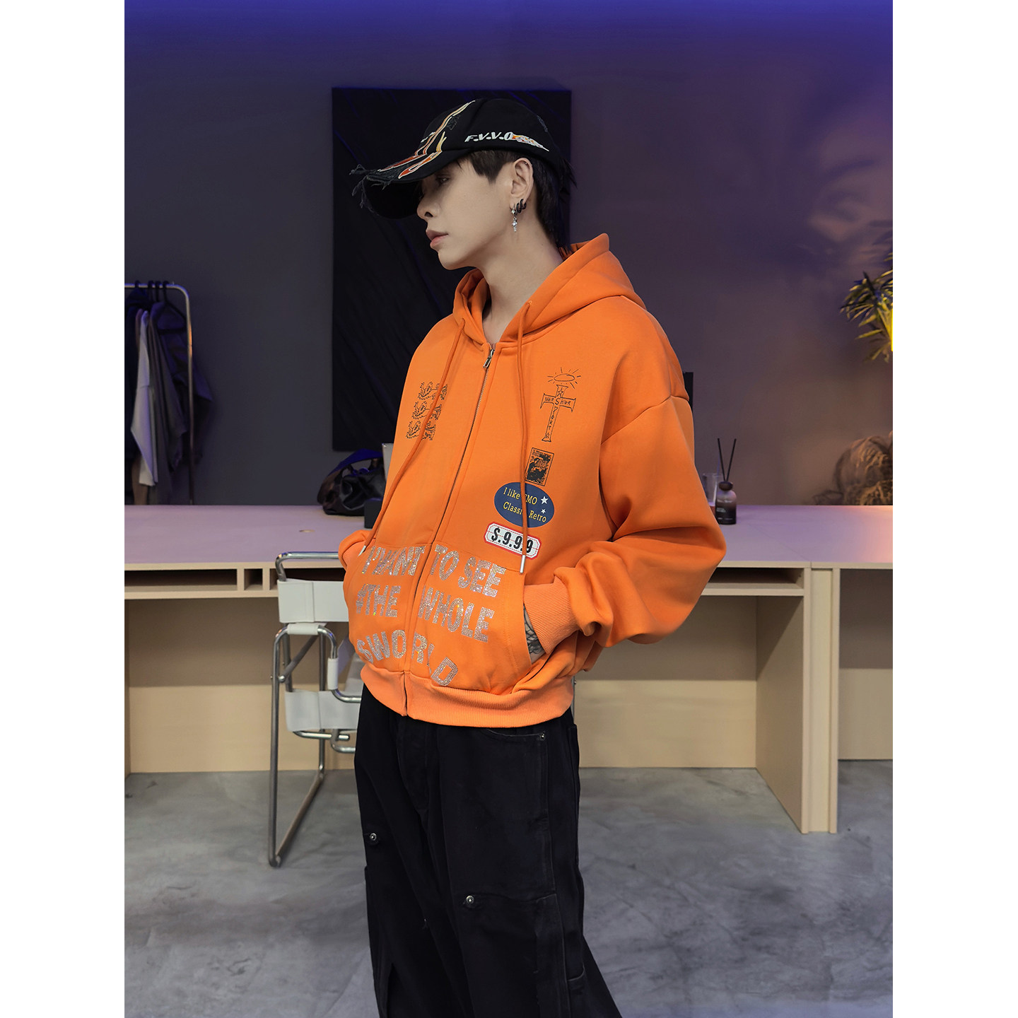 美式亮橙色设计感烫钻字母开衫加绒连帽卫衣男女保暖百搭帽衫外套