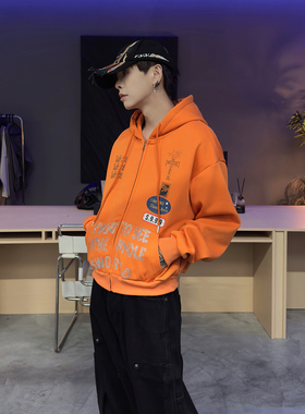 美式亮橙色设计感烫钻字母开衫加绒连帽卫衣男女保暖百搭帽衫外套
