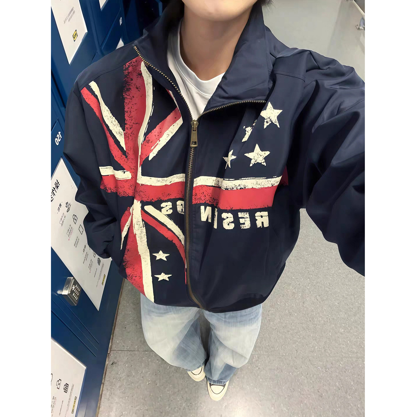 个性米字旗帜印花立领飞行员夹克男女秋季美式街头风棒球服外套潮