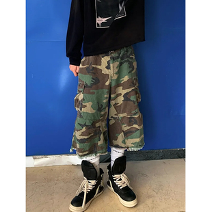 vintage街头迷彩风格牛仔短裤男款夏季美式复古宽松阔腿七分裤子