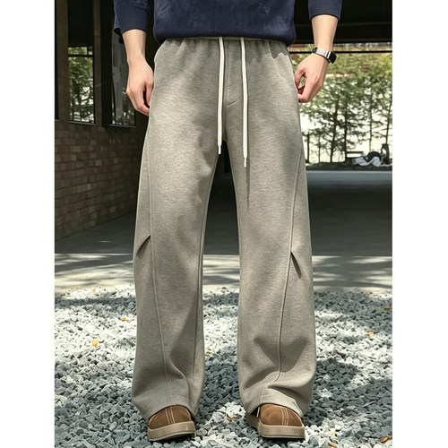 老钱风复古棕色压褶卫裤男秋季潮cleanfit简约宽松通勤休闲直筒裤