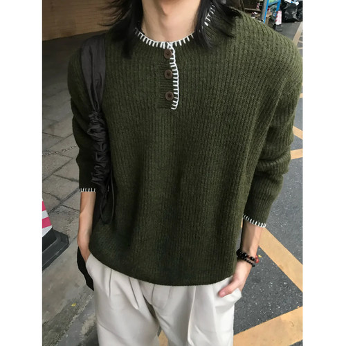 复古手缝线亨利领毛衣男款秋冬季宽松休闲内搭氛围感老钱风针织衫