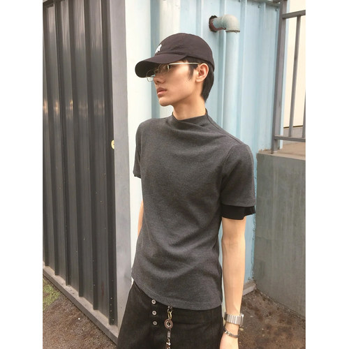 美式简约交叉连身正肩短袖t恤男夏季慵懒cleanfit合身百搭上衣服