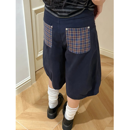 美式复古格纹口袋牛仔短裤男女夏季水洗高级感直筒宽松阔腿五分裤
