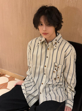 复古撞色异形纽扣菱格条纹长袖衬衫男女款中性通雅痞勤老钱优雅感