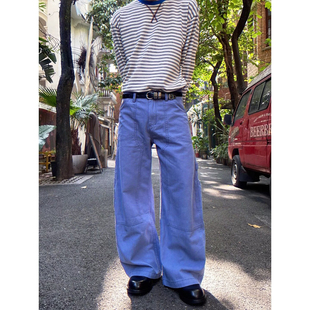 美式伐木明线复古法工蓝工装裤男女cleanfit宽松水洗做旧弯刀裤子