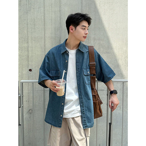 纯色双口袋牛仔衬衫短袖男2026新款夏季宽松蓝色少年感半袖衬衣潮