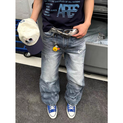 夜蓝猫须蓝牛破洞水洗牛仔裤男baggy美式复古做旧宽松阔腿裤夏季