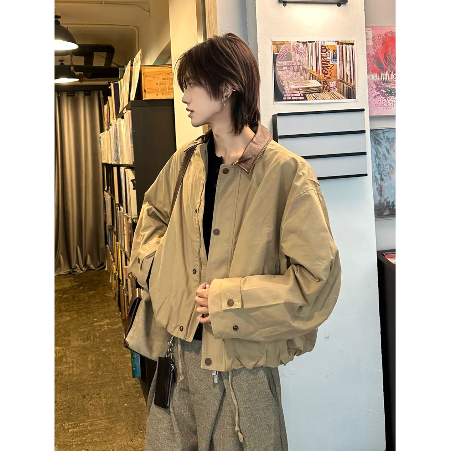 老钱风氛围感短宽皮领工装外套男春季美式复古高级感宽松廓形夹克