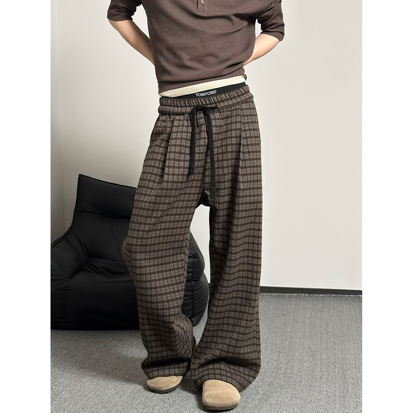 秋冬新款美式复古格子裤学院风休闲直筒长裤松弛遛弯男女毛呢裤子