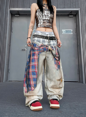 美式3D打印视觉系假两件格纹做旧弯刀牛仔裤男女小众设计感阔腿裤