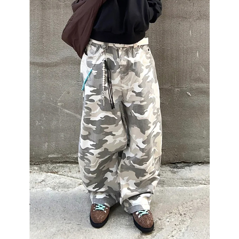 美式复古战术迷彩牛仔裤男女小众无性别嘻哈痞帅宽松阔腿休闲长裤