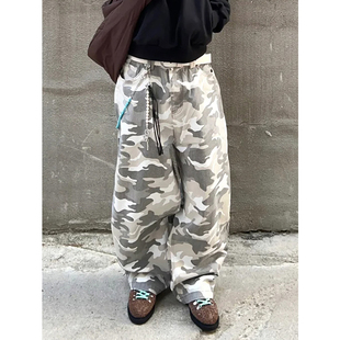男女小众无性别嘻哈痞帅宽松阔腿休闲长裤 美式 复古战术迷彩牛仔裤