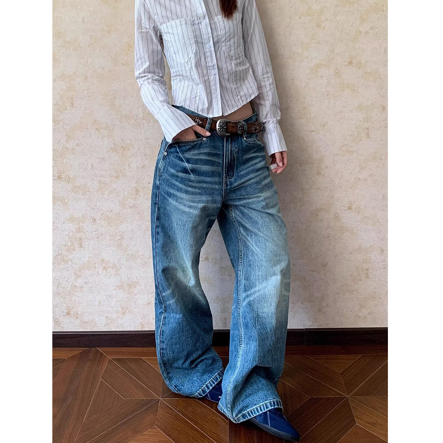 解构口袋猫须水洗牛仔裤男女美式cleanfit直筒宽松拖地堆积感长裤