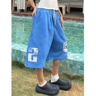 慵懒情侣阔腿裤 男女夏季 街头篮球运动风数字印花七分休闲短裤 美式