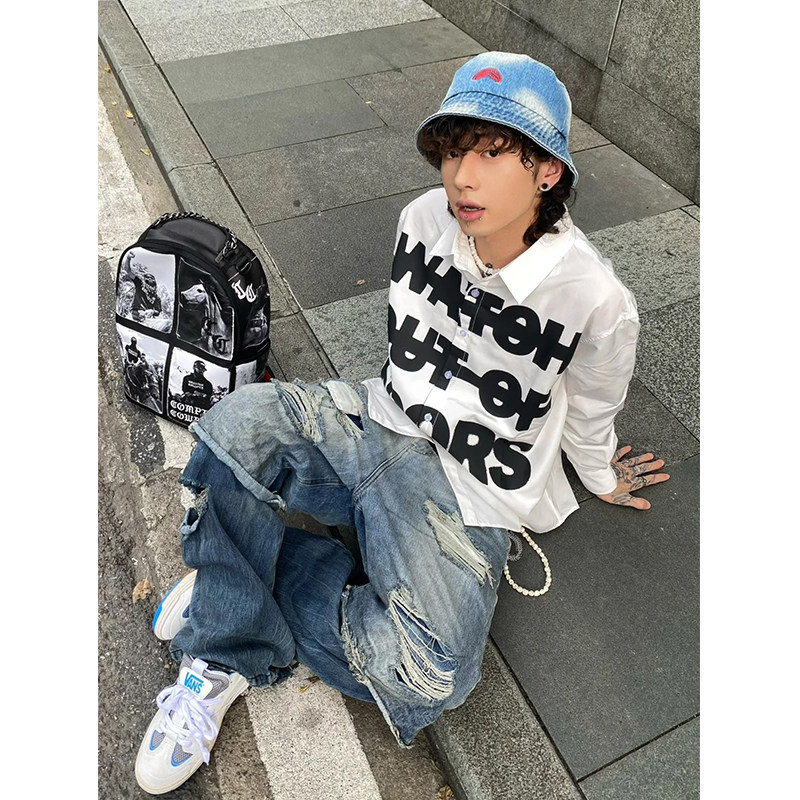 白色衬衫高级感标语字母外套男女春夏季宽松休闲松弛慵懒防晒衬衣