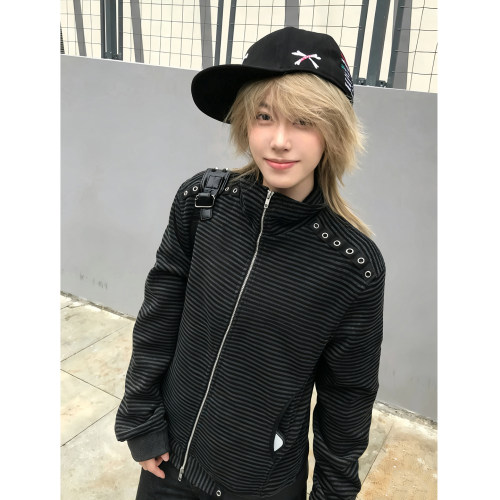 黑灰条纹织带气眼拼接立领朋克轻亚卫衣外套男女秋季街头短款上衣