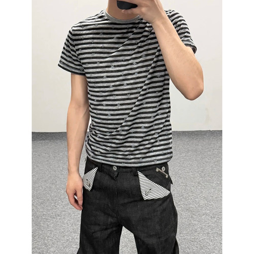 条纹星星短袖街头复古修身正肩skinny千禧风T恤男女夏季半袖上衣