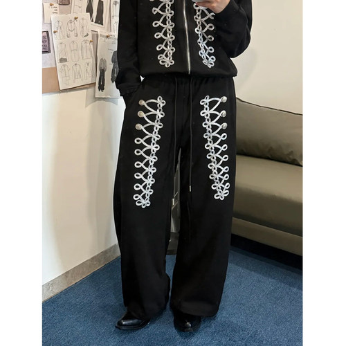 拿破仑多盘扣宫廷风休闲卫裤男女秋季美式复古街头时髦运动阔腿裤