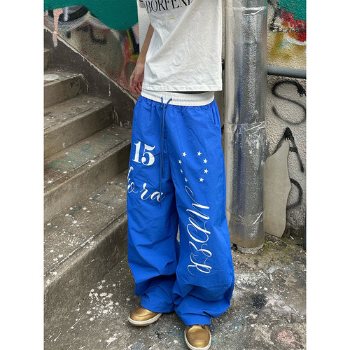 小众美式街头泽西风运动速干阔腿裤男轻薄宽松蓝色星星印花休闲裤