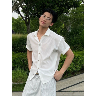 绅士贵公子少爷风短袖衬衣男款夏季优雅简约宽松肌理感透气衬衫潮