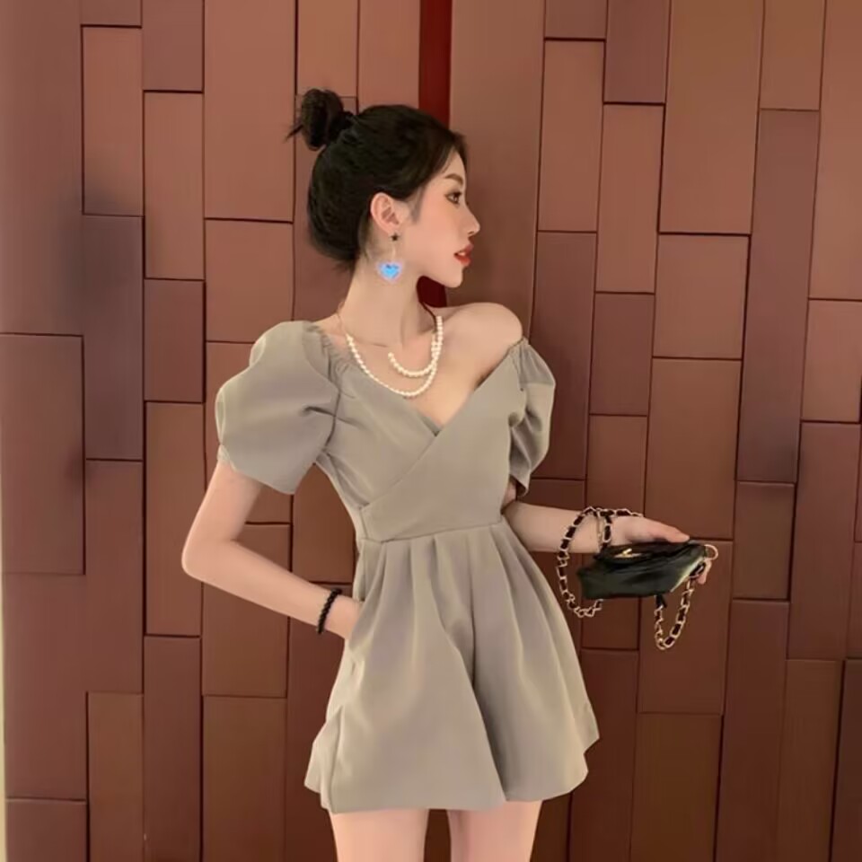 高腰短裤连衣裤连体裤V领连衣裙