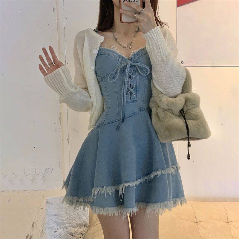 减龄气质蛋糕裙法式牛仔吊带连衣裙女夏季大码胖mm收腹显瘦a字裙