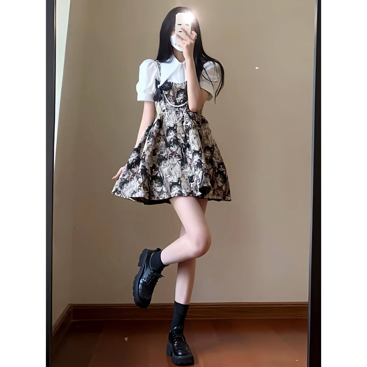 夏季法式复古泡泡袖短袖衬衫上衣+提花猫咪吊带连衣裙两件套套装