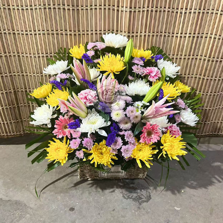 清明节扫墓花篮扇面黄白菊下葬祭扫祭奠殡葬灵堂悼念鲜花北京送花