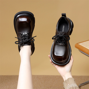 英伦风厚底棕色乐福鞋女圆头系带深口单鞋中跟增高小个子加绒配裙