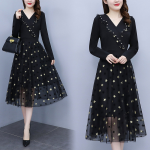 RM21051#韩版大码女装洋气减龄网纱拼接收腰显瘦时尚连衣裙