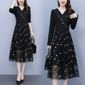 RM21051#韩版大码女装洋气减龄网纱拼接收腰显瘦时尚连衣裙