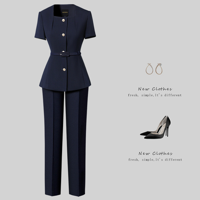 气质方领职业西装套装女夏修身单排扣收腰职场工作服美容前台工装