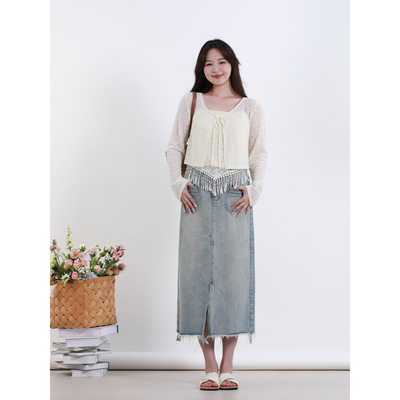 夏大大大码女装 设计感流苏蕾丝抹胸吊带+针织防晒开衫打底两件套