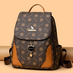 正品威森袋鼠2024新款双肩包女时尚旅行背包印花软皮包休闲大容量