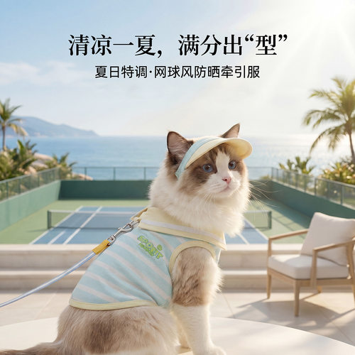 宠物猫衣服夏遮阳衣连帽D环外出牵引两脚背心无袖宠物狗狗衣服猫