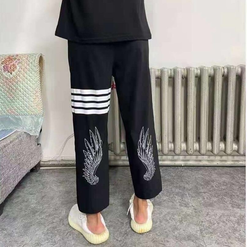 裤子男精神小伙九分裤春夏季四条杠翅膀印花休闲裤韩版潮流直筒裤