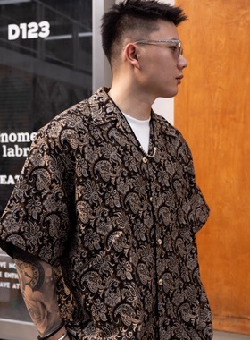 Gnomes lab x FFFFovmd黑金提花古巴领Rude style短袖衬衫