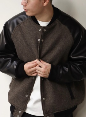 Gnomes lab 25AW 50羊毛混纺呢料水染牛皮皮袖棒球棉服夹克