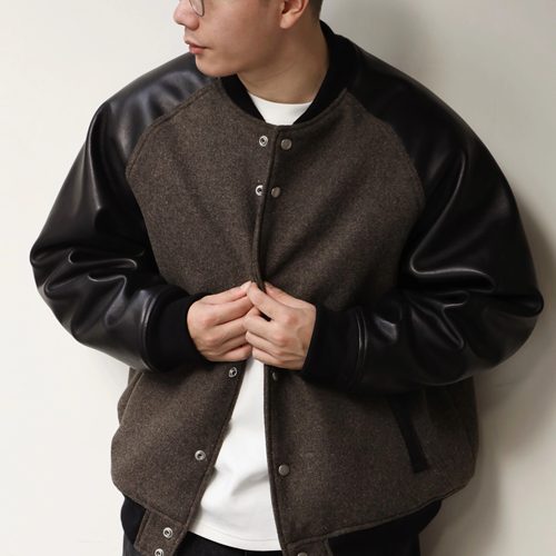 Gnomes lab 25AW 50羊毛混纺呢料水染牛皮皮袖棒球棉服夹克