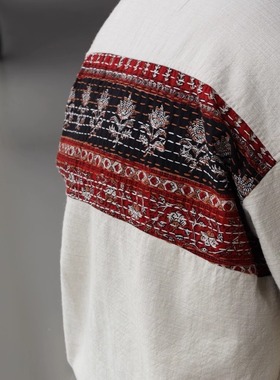 Gnomeslab 25SS印度产纯手工刺字定织面料拼接重磅羊毛棉混纺衬衫