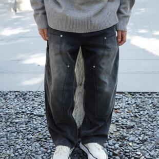 定织重磅坑条帆布手工做旧蜡染水洗黑色伐木裤 24AW lab Gnomes